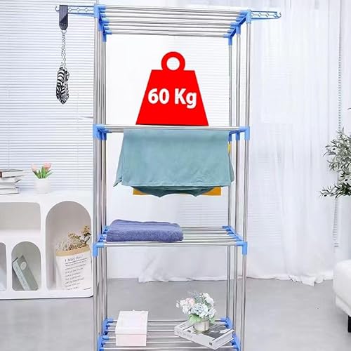 Casabella Clothes Airer - 4-Tier Clothes Drying Rack - Heavy Duty 3 Column 60 Kg Capacity - Foldable Drying Rack Stainless Steel Construction Movable Drying Rack Laundry for Indoor & Outdoor Blue