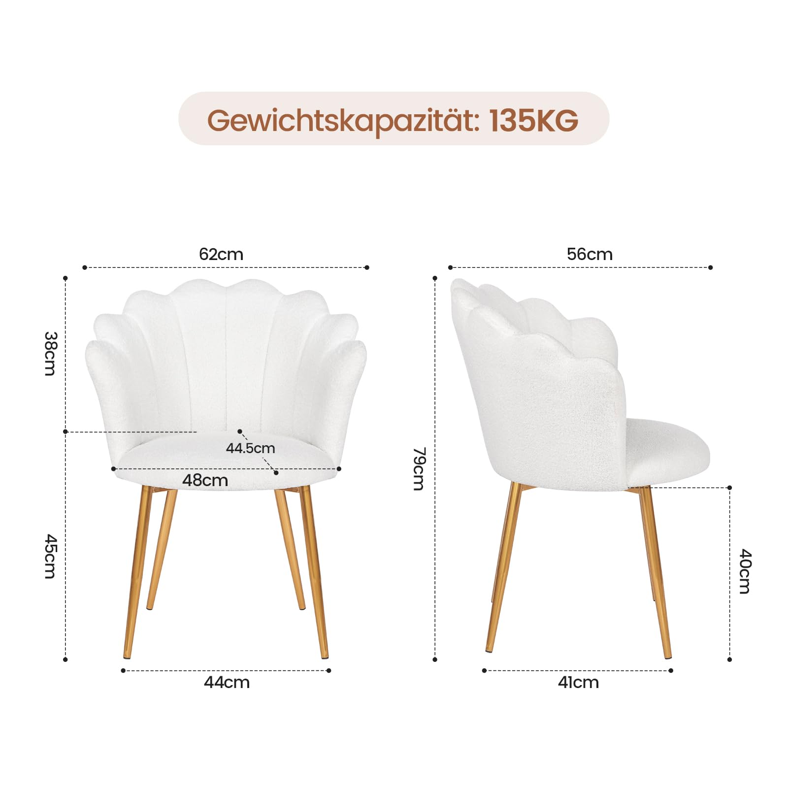 Chaise de Coiffeuse, Fauteuil en Tissu Bouclé avec Pieds Métalliques Dorés, Chaise Rembourrée pour Salon, Fauteuil Lounge Confortable, 62 x 56 x 79cm, Blanc