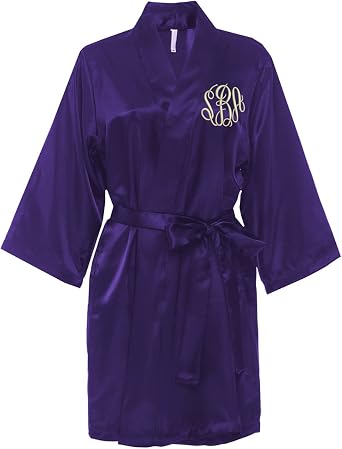 Monogrammed Satin Robe - Purple Kimono 
