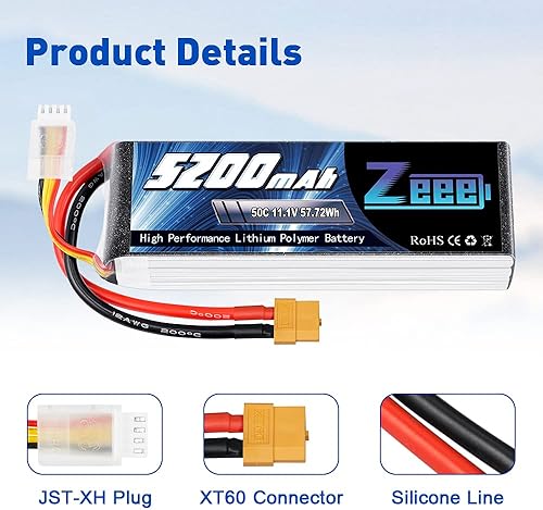 Miniatura 3 de Zeee 3S Lipo Battery 5200mAh 11.1V 50C Soft Pack Batería XT60 Plug 1 paquete con 2 unidades de 7.4V Lipo Battery 2S 80C 5200mAh Estuche rígido XT60