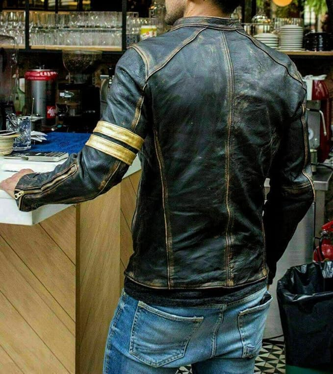 Men's Classic Vintage Cafe Racer Golden Stripes Distressed Brown Motorcycle Vintage lightweight Leather Jacket For Men (as1, alpha, m, regular, regular)3