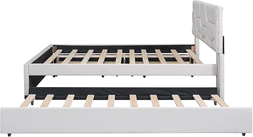 Miniatura 51 de Merax Base de cama tapizada de tamaño matrimonial con cama nido de tamaño individual, 2 cajones, cabecera con patrón de ladrillo y soporte de