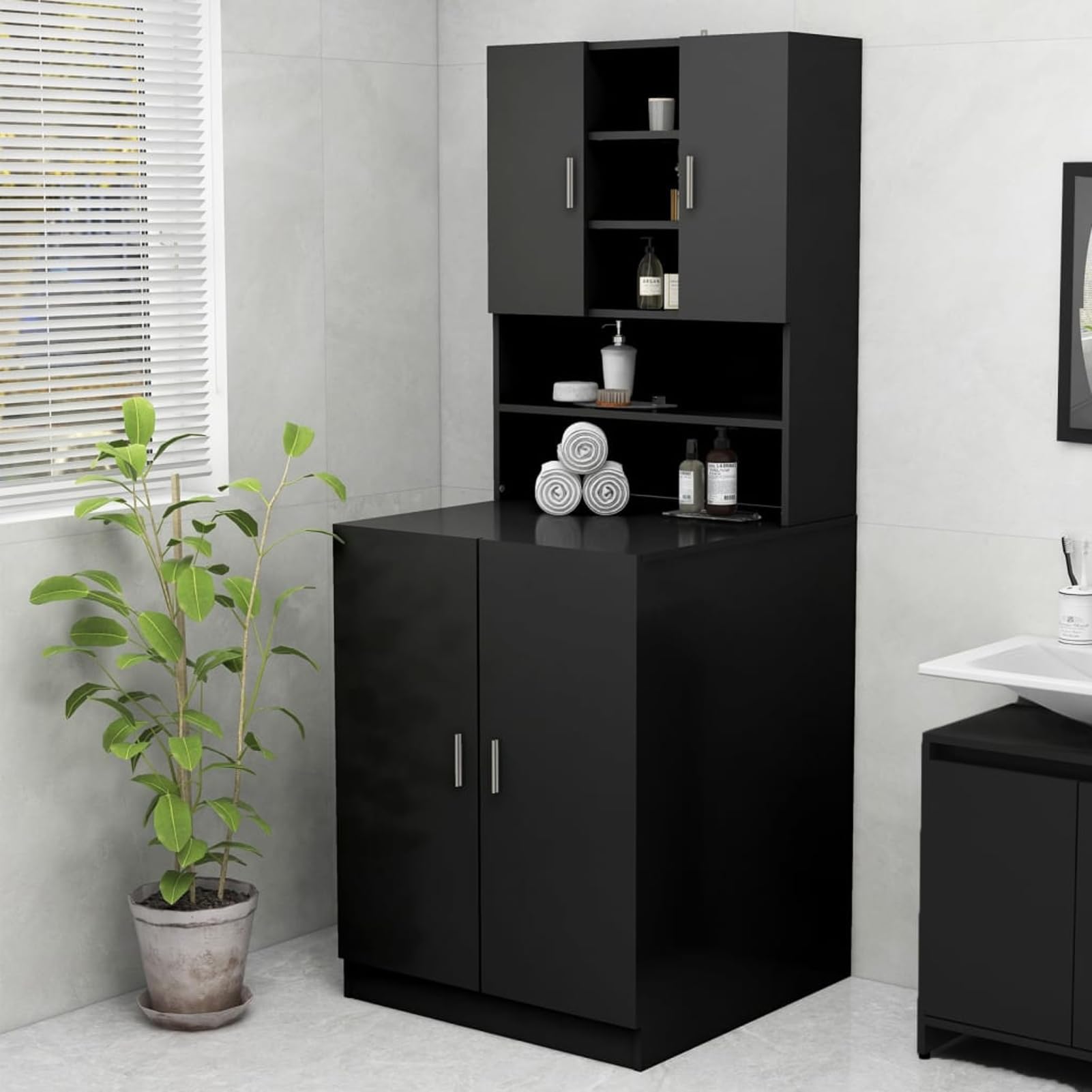 Homgoday Mobile per lavatrice nero, 70,5 x 25,5 x 90 cm, in legno, scaffale da bagno con 2 ante e 9 scomparti, modello 808387