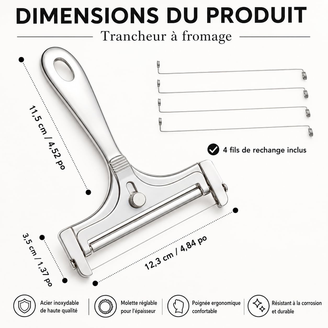 Trancheur à fromage manuel inox 4 fils de rechange réglable coupe-beurre portable argent brillant