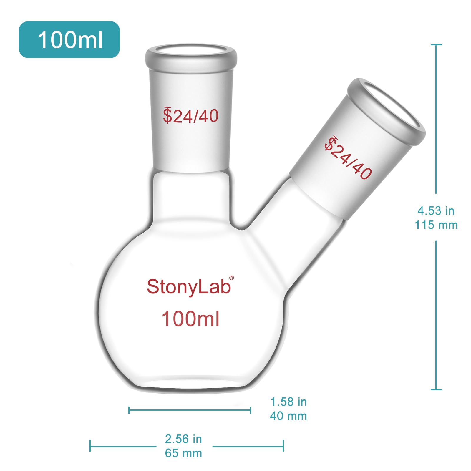 stonylab Flat Bottom Flask FBF, Heavy Wall 2-Neck Lab Flask Borosilicate Glass Flat Bottom Boiling Flask with 24/40 Standard Joint, 100 ml — Amazon image 2