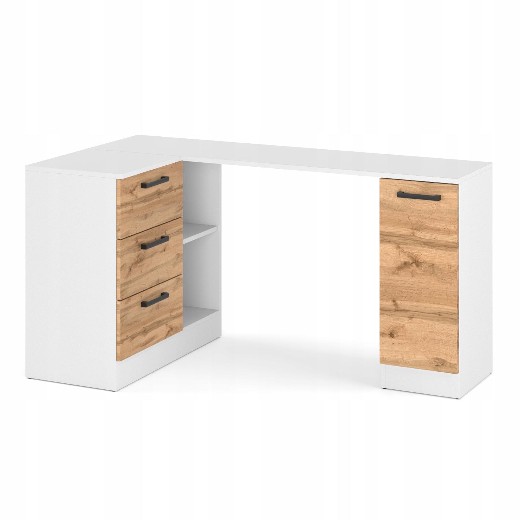 BIURKO NAROŻNE NOWOCZESNE SZUFLADY BIAŁY MAT/DĄB WOTAN 155x85x78 cm BIURO