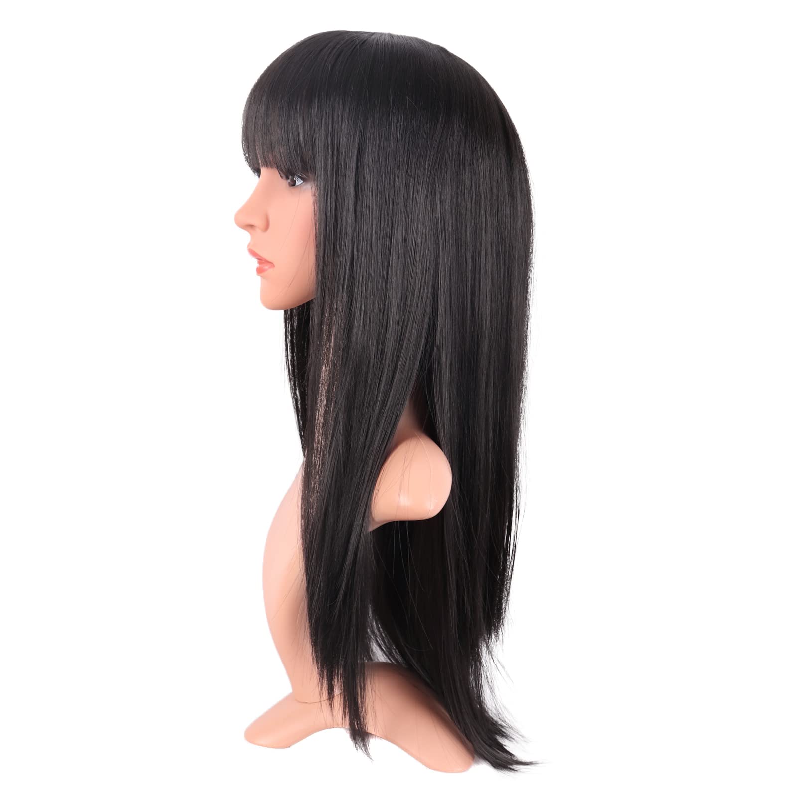 24 pulgadas/23.6 in mujeres largo recto con flequillo plano pelo sintético resistente al calor fibra pelo para fiesta Cosplay peluca (negro) 3