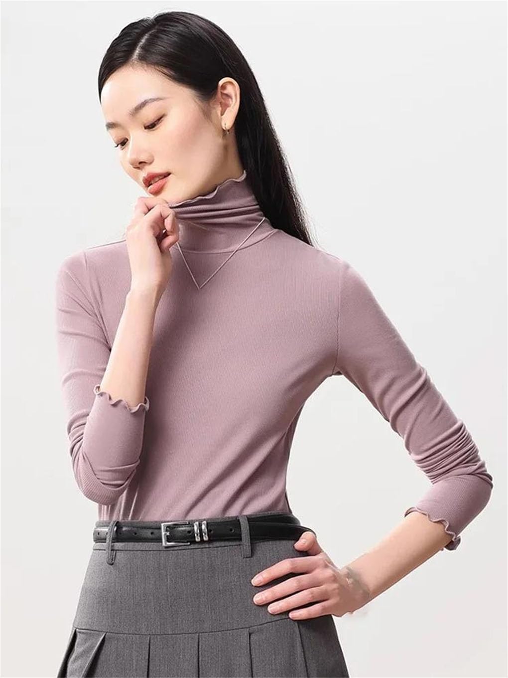 Women Bottoming T Shirt Long Sleeves Solid Basic Thermal Shirt Inside Sanding Top