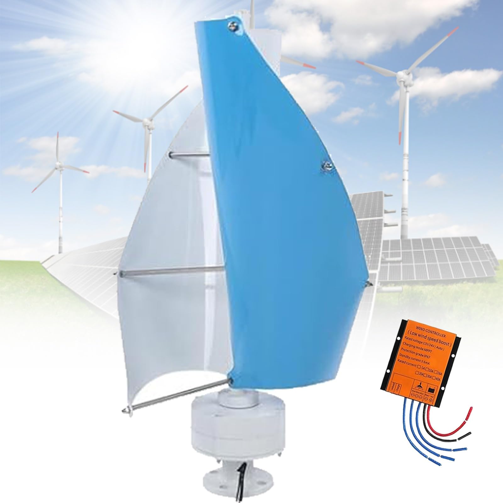 Zestaw generatora turbiny wiatrowej 14000 W, przenośny system zasilania wiatrowego, 2 łopaty, pionowe śmigło do 12 V/24 V/48 V, zawiera kontroler ładowania, idealny do kamperów morskich