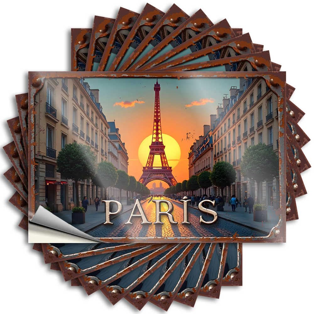 Lettering Sticker Bumper Scratch Resistant Decals, Tall Matte Print for Phone Case Drinking | Cool Uv Proof Pack Sunset Glow: A Parisian Avenue with Eiffel Tower Silhouette(8X12CM)