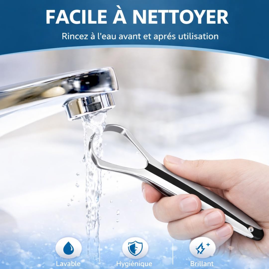 Gratte Langue Inox, Tongue Scraper Acier Inoxydable, Grattoir Langue Ultra Résistant, Racle Langue Ergonomique, Racloir Langue Hygiénique, Rape Langue Antibactérien, Brosse Langue pour Haleine Fraîche - 5