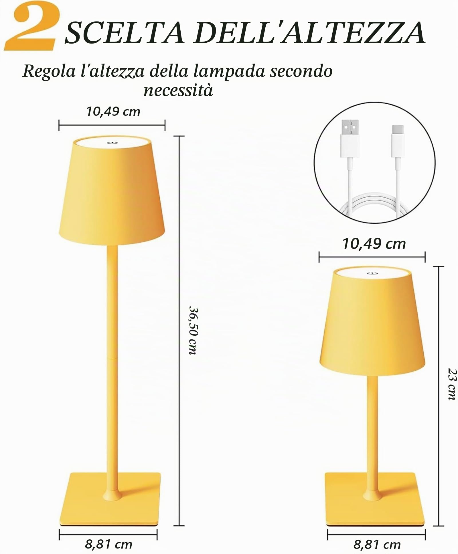 2 lampade da tavolo senza fili | Batteria da 5000 mAh, regolazione continua dell'intensità luminosa a 3 colori, LED ricaricabile per uso interno/esterno in uffici, bar e hotel (Giallo)