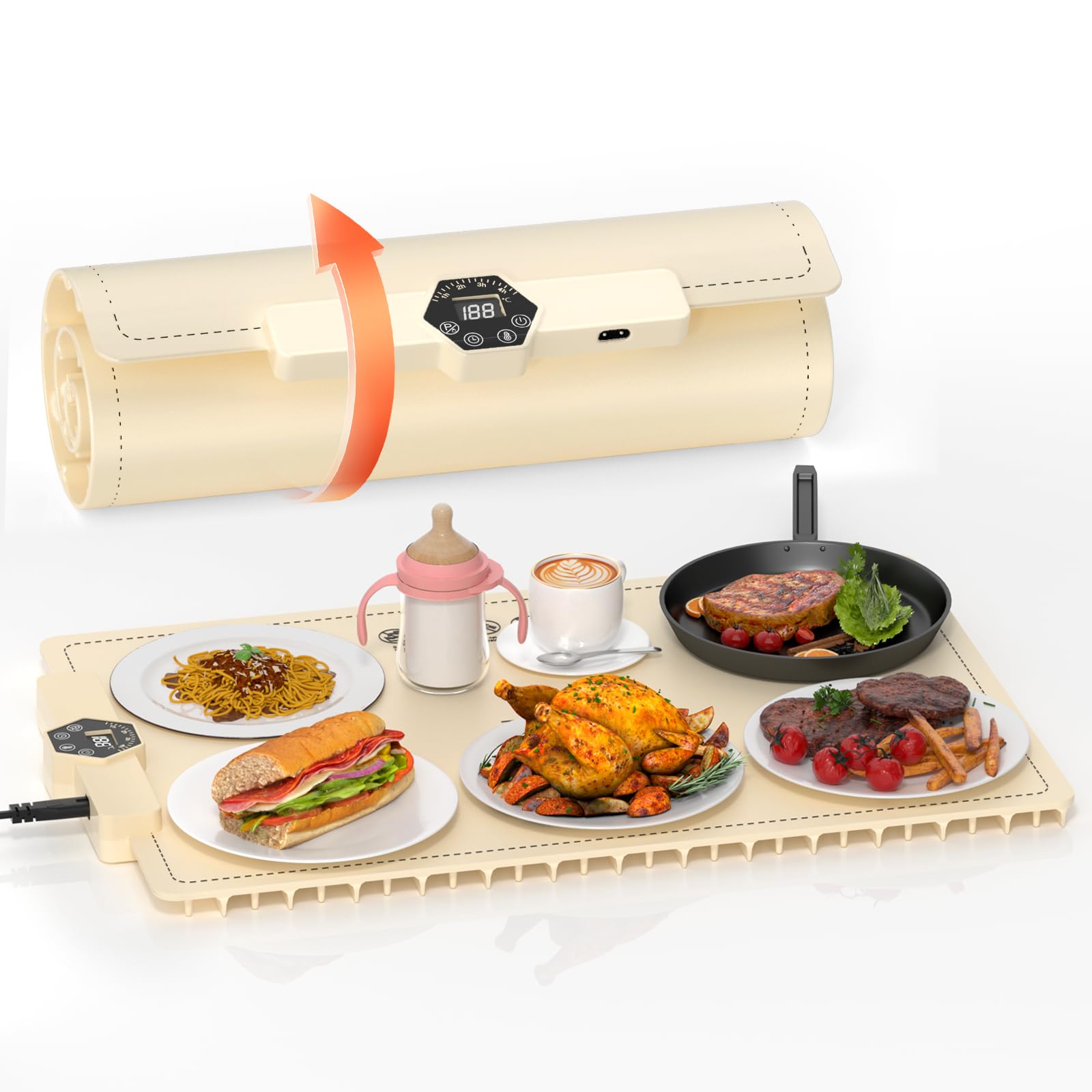 INNOWARMER Chauffe Plat Électrique, Plaque Chauffante Électrique Silicone Pliable Flexible, Plaque Chauffante avec 5 Température Réglable et Minuteur, Chauffe Plat pour Buffet Fête Familiale (Blanc)