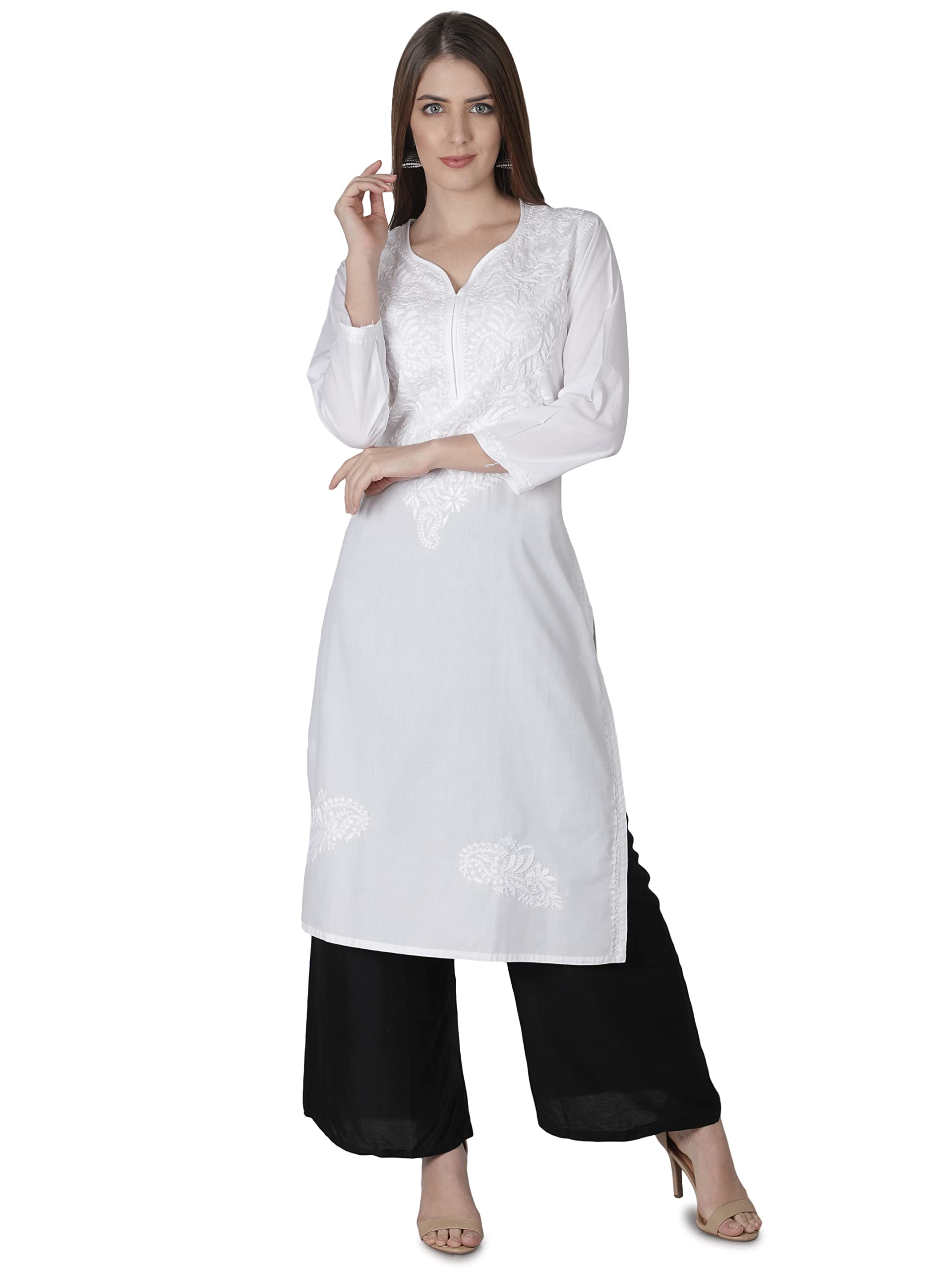 Seva ChikanWomen's Black Cotton Straight Lucknowi Chikankari Kurta Kurti SCL4059