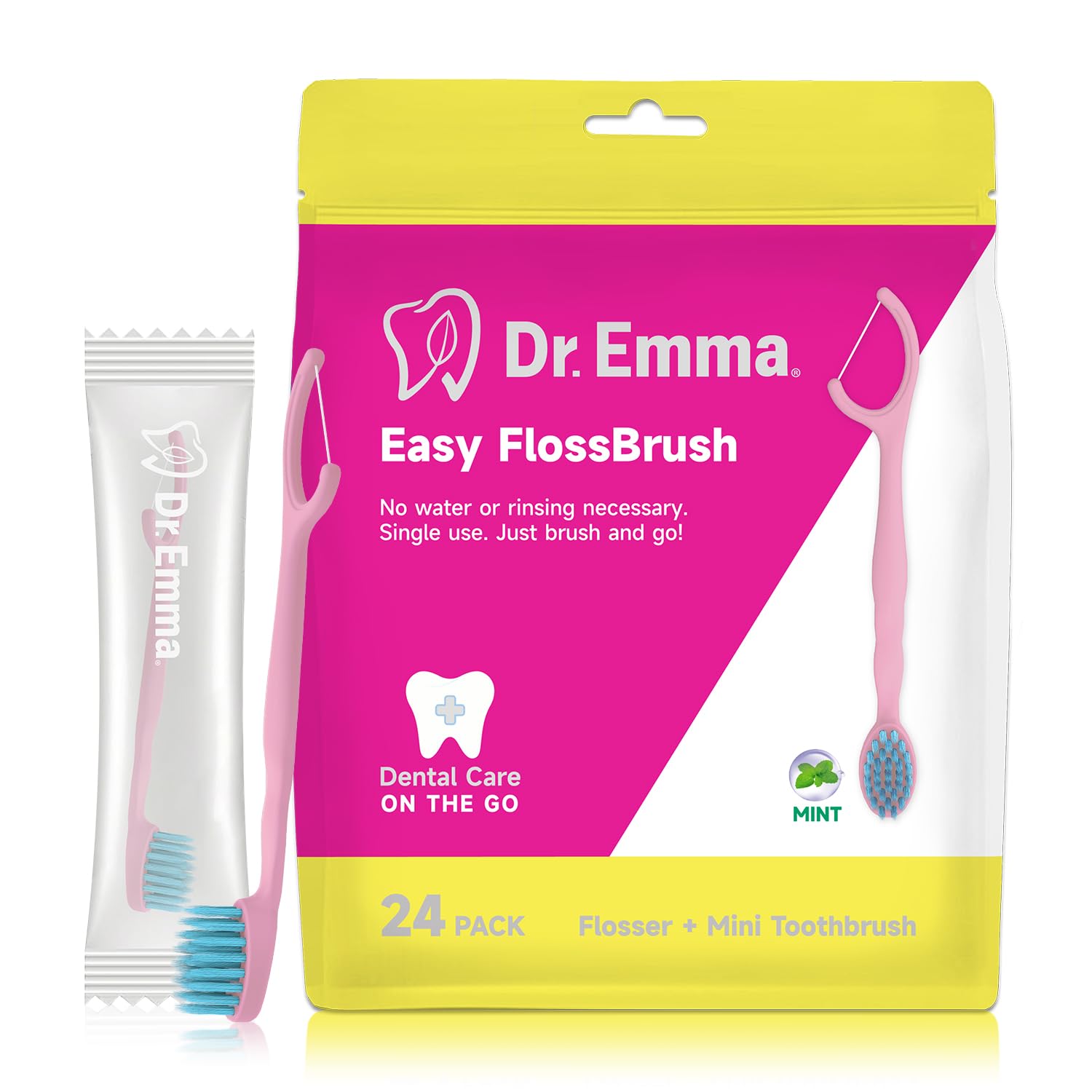 Dr. Emma Mini Brush Disposable Toothbrushes with Floss, Travel Mint Toothbrush for On-the-Go Use, 24 Packs Individually Wrapped Small Portable