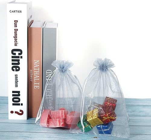 Miniatura 7 de HRX Package 100 bolsas de organza gris plateado, 5 x 7 pulgadas de malla con cordón de regalo, bolsas de joyería para dulces de Navidad, recuerdos