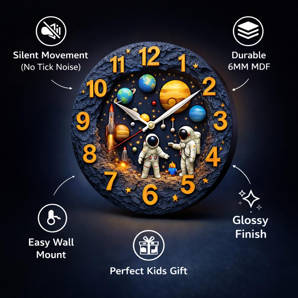 TERA MERA GIFT Kids Space Wall Clock for Bedroom 12 Inch Silent Movement Decorative MDF Timepiece for Boys Girls Study Room Gift 3