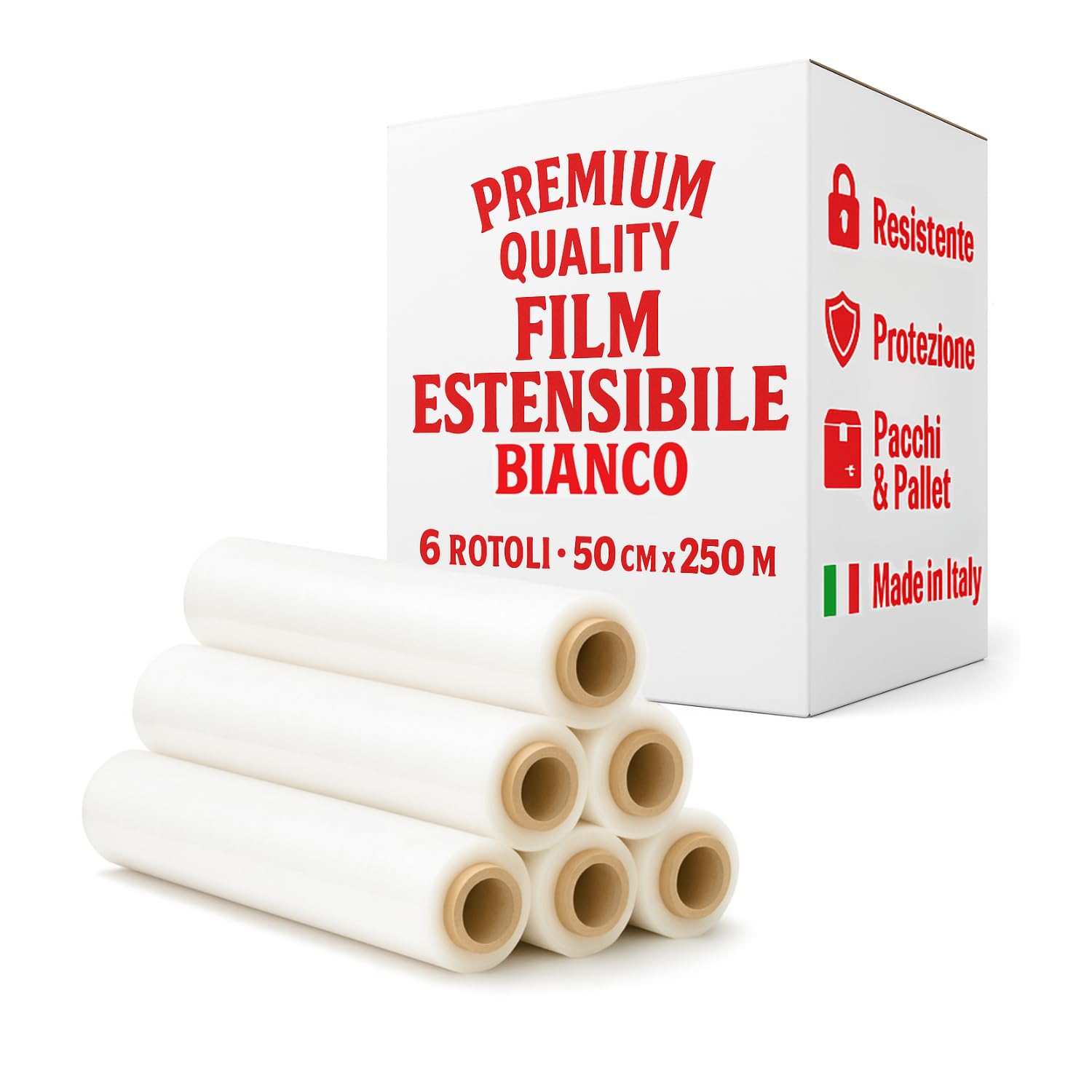 OWIJI Film Estensibile Imballaggio Bianco Coprente 6 Rotoli Pellicola Protettiva Made In italy Cellophane 250 Metri Spedizioni Trasloco Multiuso Extra Resistente Peso Bobina 2,4 Kg 23 Micron