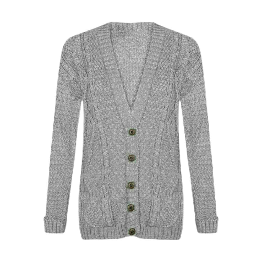 WearAll Womens Cable Knitted Button Cardigan Long Sleeve Ladies Boyfriend Top - Silver 8-10