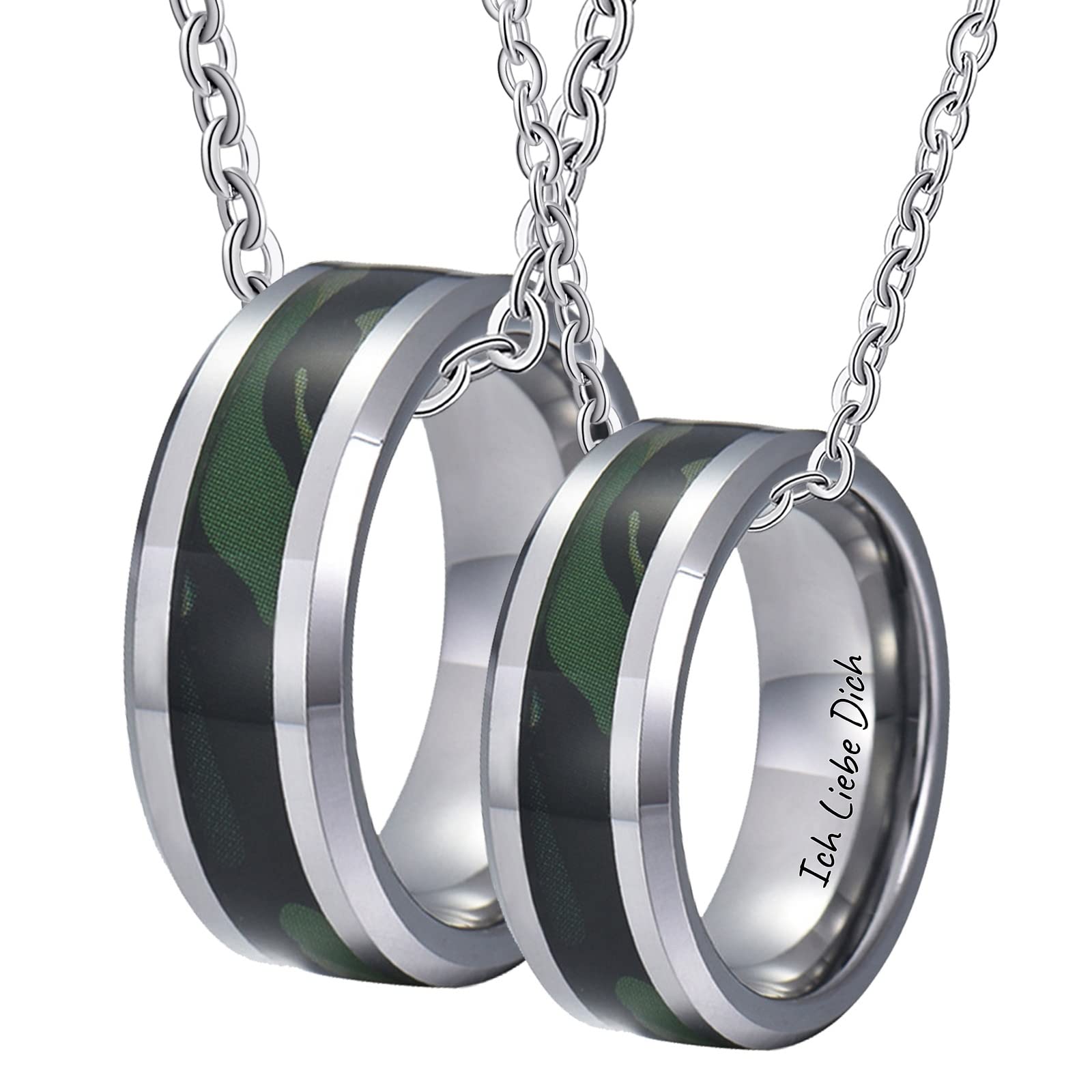AMDXD Partner Kette Ihn und Ihn Wolfram mit Gravur Ich Liebe Dich, Tarnung Muster Partner Ketten Set 2Pcs Ringe Anhänger, Silber für Damen Herren, Breite 8MM Länge 60cm/ 50cm