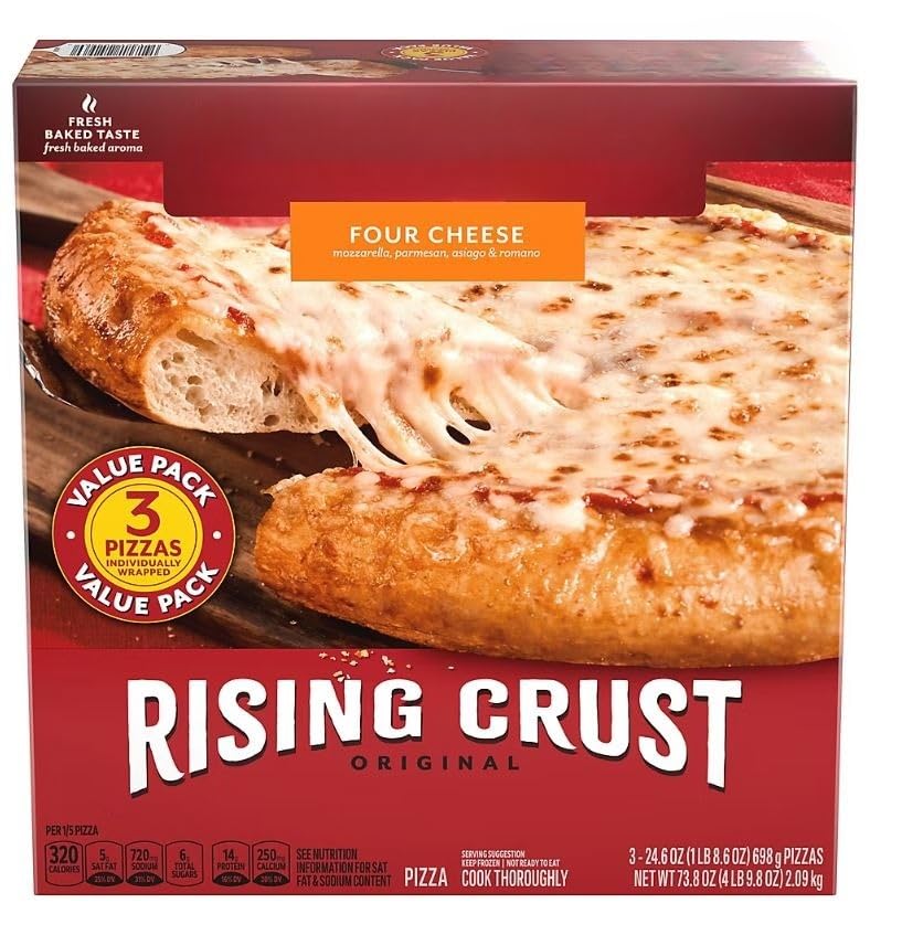 Rising Crust Cheese Pizza , Enjoy the fresh baked taste and aroma of delivery from your own oven withFour Cheese Frozen Pizza . These rising crust cheese pizzas are topped with mozzarella, Parmesan, Asiago and Romano cheeses and tomato sauce. The tasty rising pizza crust bakes up crispy on the outside but soft and tender on the inside. Frozen cheese pizza delivers an easy dinner or a delicious quick lunch. 3 PK [ 24 oz , 1.5 lb ]