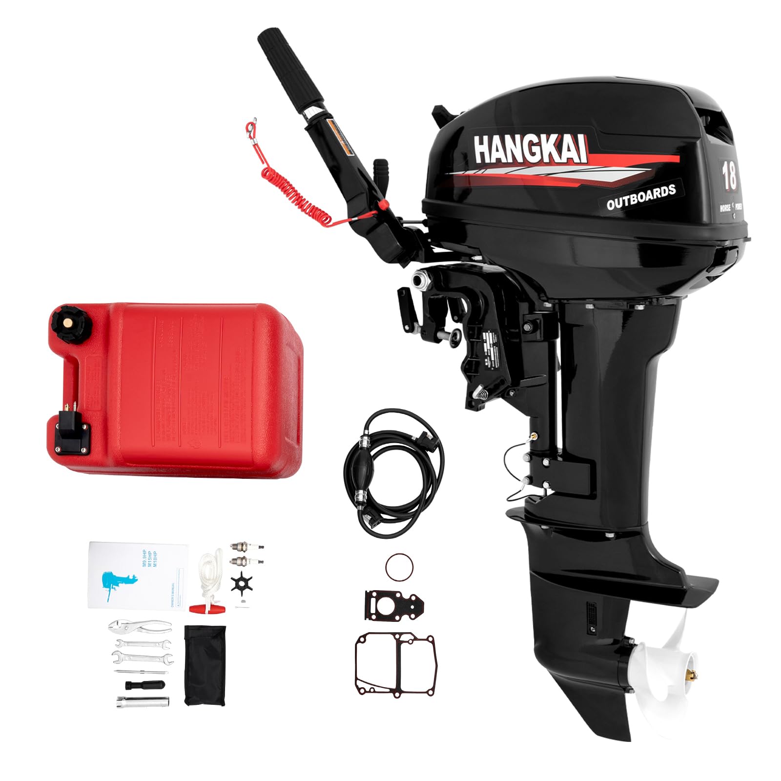 18HP Outboard Motor, 246cc 2 Stroke Fishing Boat Engine Water Cooled Gasoline Model Short Shaft, Heavy Duty Outboard Engine, CDI Ignition System, 4500-5500r/Min Water Transportation
