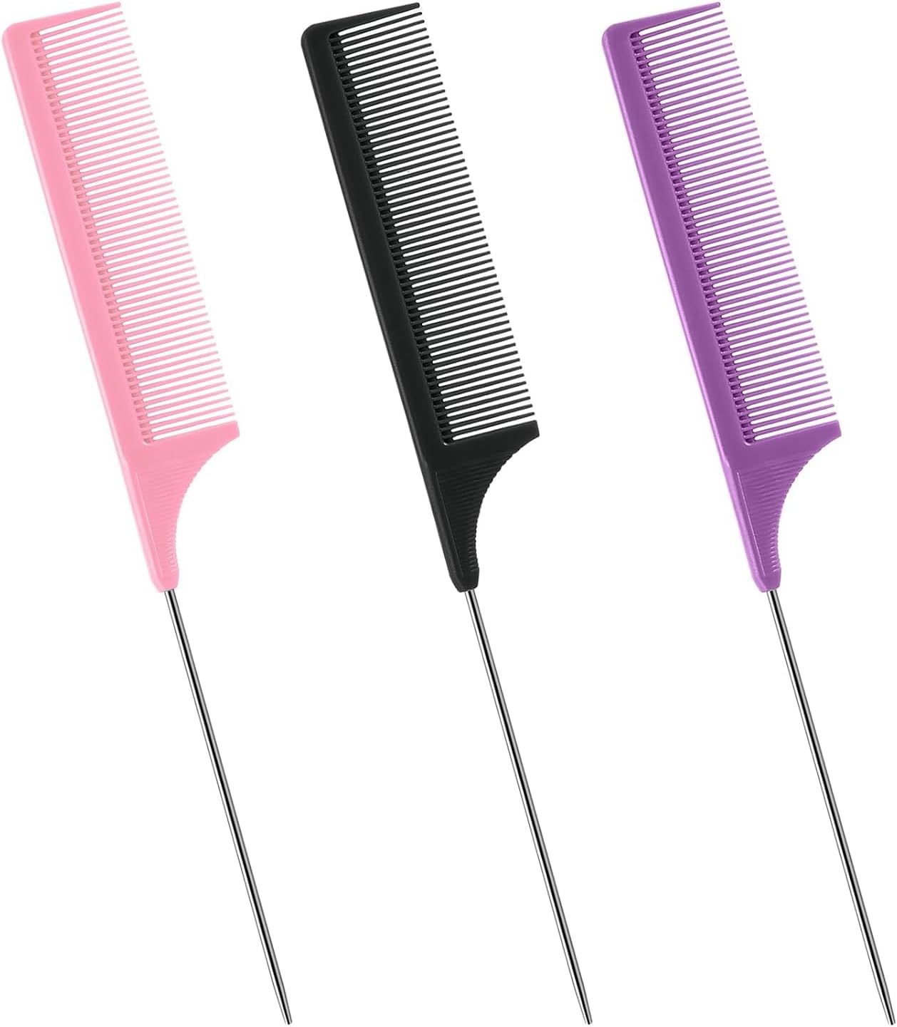 Rat Tail Comb Set, 3Pcs Carbon Fiber Hair Combs for Salon, Hair Styling, Parting, Back Combing, Post Styling and Hair Coloring, Purple|Black|Pink, Lightweight and Durable, Hair Combs for Women