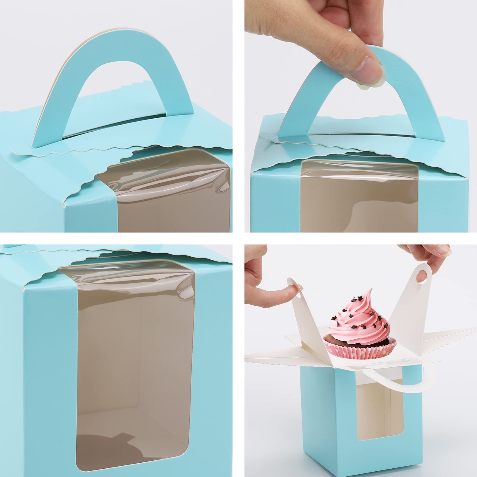 100 cajas para cupcakes con asa de ventana e insertos para regalo de boda, fiesta de cumpleaños (azul)
