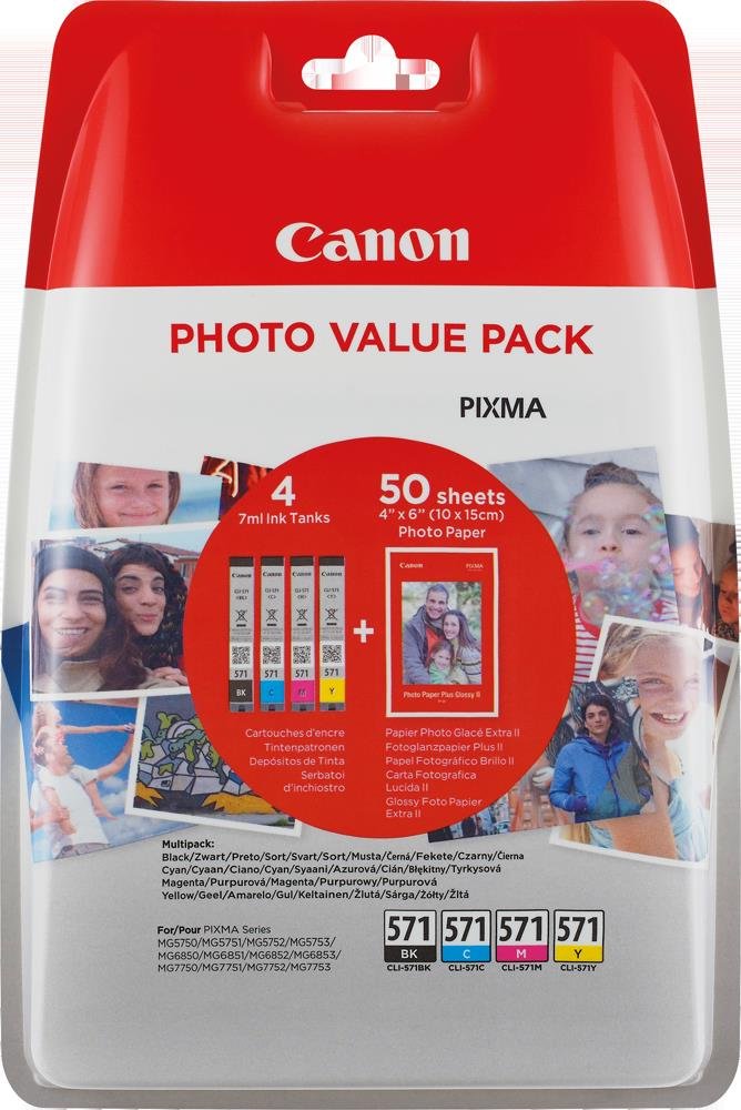 Canon CLI-571 BK/C/M/Y Cartridges Black, Cyan, Magenta, Yellow Pack Of 50 Sheets Of Photo Paper PP-201 10 X 15 Cm (Secure Plastic Packaging