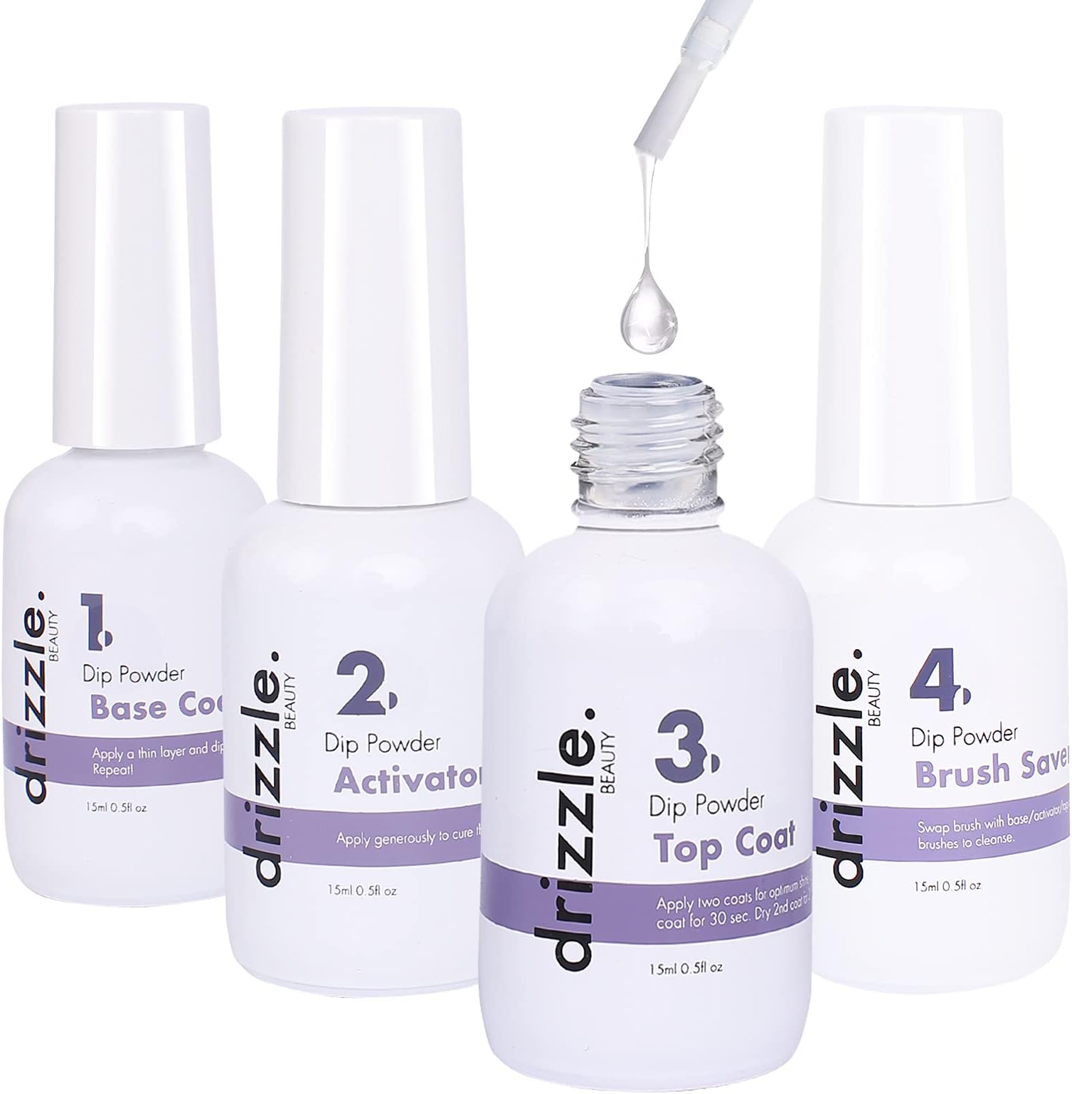 DRIZZLE. BEAUTY Dip Powder Liquid Set - Dip Powder Activator Base Coat Top Coat and Dipping Powder Brush Saver, 4PCS 0.5oz for Dip Powder Nail Kit, Dip Powder Liquid for Starter, Nail Manicure Kit.