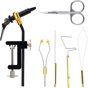 6pcs Fly Tying Kit Fly Tying Vise Whip Finisher Fly Tying Threader Fly Tying Bobbin Fly Tying Bodkin and Scissors for Flying Fishing Professio