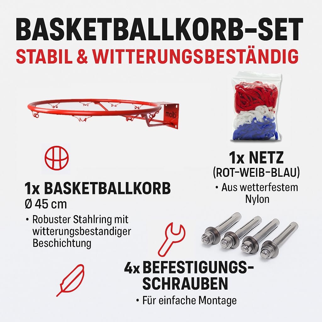 molti Canasta de baloncesto de 45 cm de diámetro, 37 cm de diámetro, anillo de baloncesto con red y tornillos de fijación para exteriores + 4 tornillos de fijación