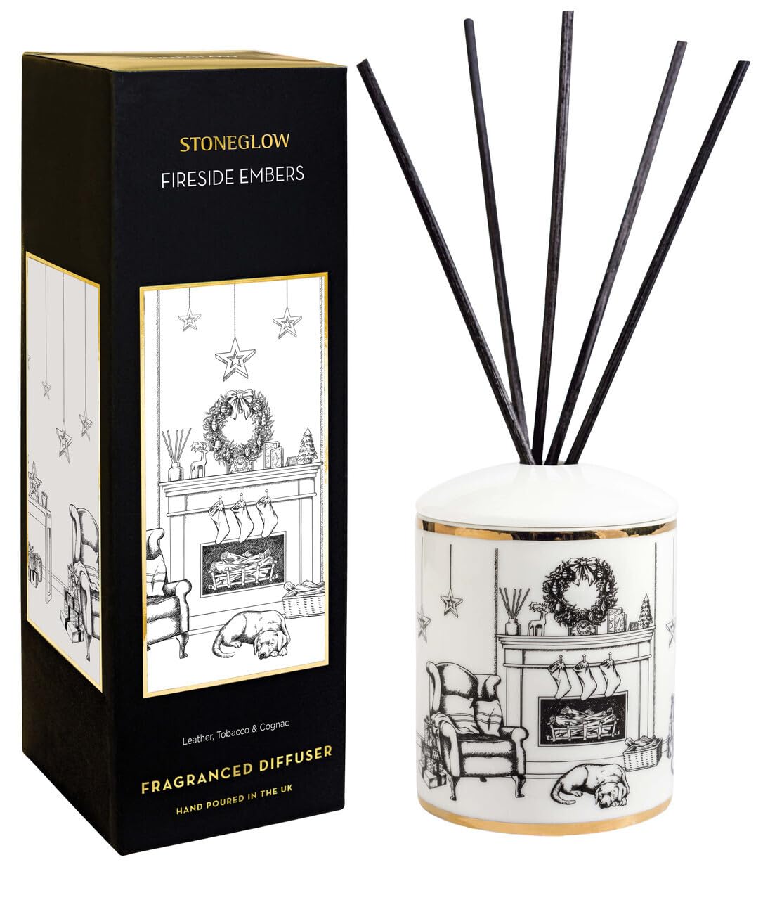 Stoneglow Keepsake Collection Fireside Embers Leather, Tobacco & Cognac Fragranced Reed Diffuser 200ml, Lasts 16 Weeks, 10 Rattan Reed Diffuser Sticks, Refillable & Reusable, Home Air Freshener