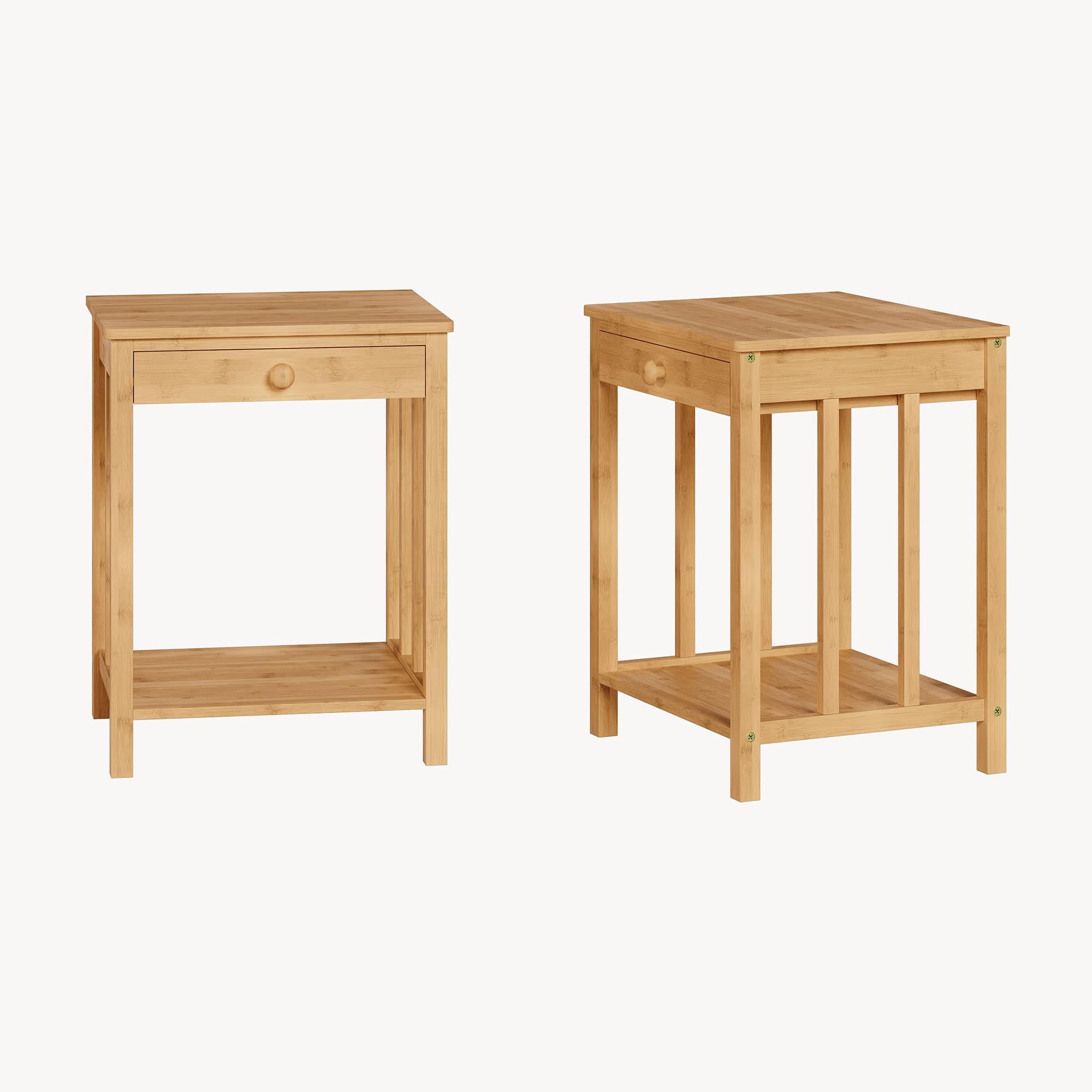 [en.casa] Juego de 2 Mesitas de Noche Ranua Rectangulares Set de 2 Mesas Auxiliares para Salón con Cajón Estante Muebles de Oficina Montaje Rápido Bambú 51 x 40 x 35 cm - Natural