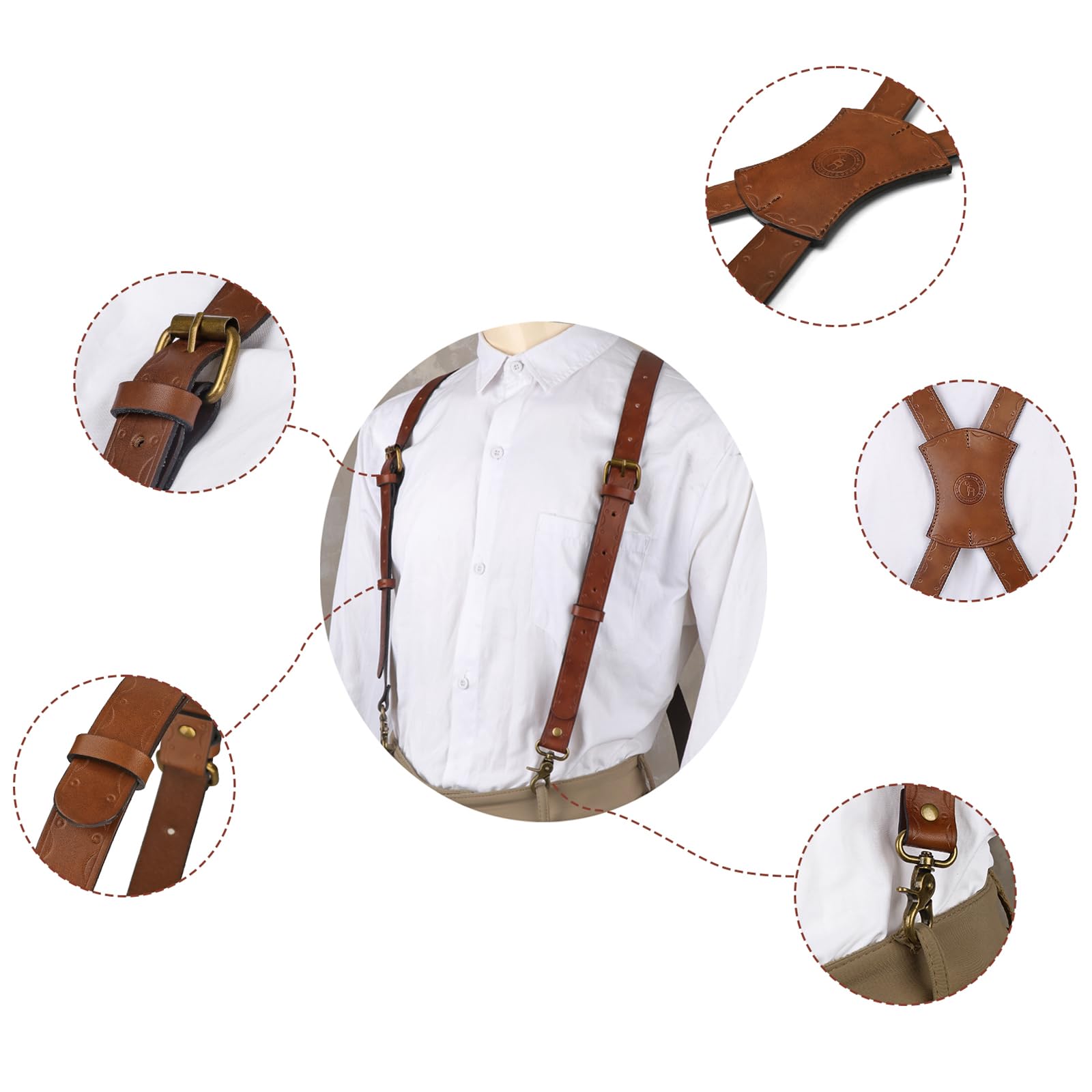 TOURBON - Tirantes resistentes de piel auténtica para hombre, tirantes ajustables en forma de X de 1 pulgada de ancho