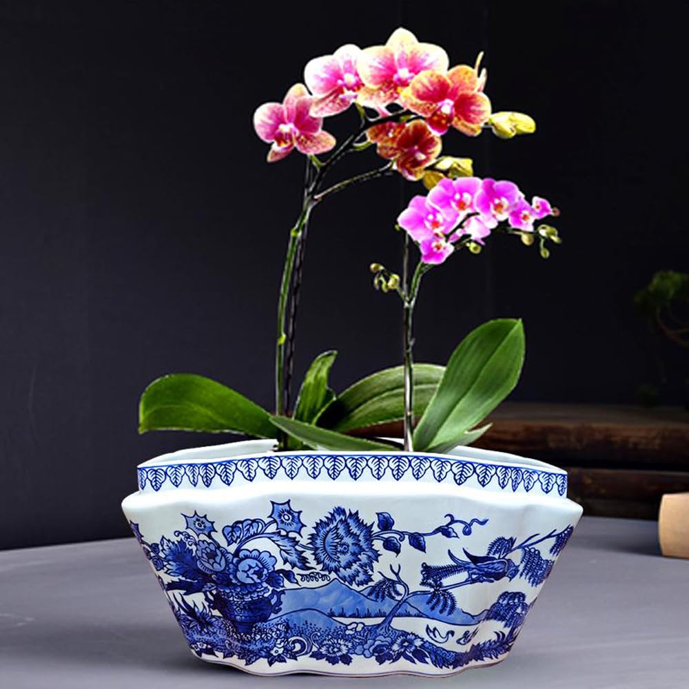 Niebiesko-Biała Ceramiczna Doniczka – Owalny Wazon W Stylu Vintage Z Motywem Kwiatowym Na Rośliny Doniczkowe, Kwiaty I Sukulenty – Szkliwiona, Dekoracyjna Misa W Stylu Ch,non-perforated