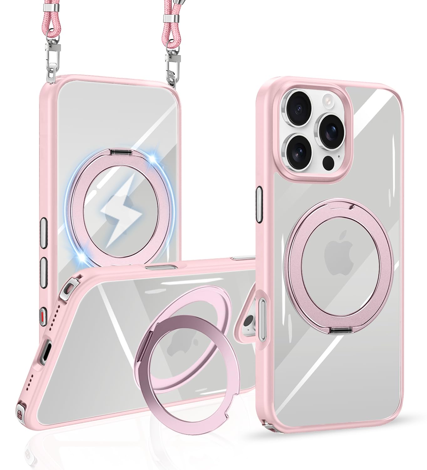 tuulaasii For iPhone 16 Pro Max 用 ケース クリア ショルダー 多機能360度回転スタンド MagSafe対応 調節可能 ストラップ付き ワイヤレス充電 耐衝撃 カメラレンズ保護 いphone16 プロ マックス 対応 ケース マグセーフ マグネット搭載 透明 PC + TPU 肩がけ 首掛け 紐付き 耐衝撃 全面保護 おしゃれ アイフォン カバー (ピンク)