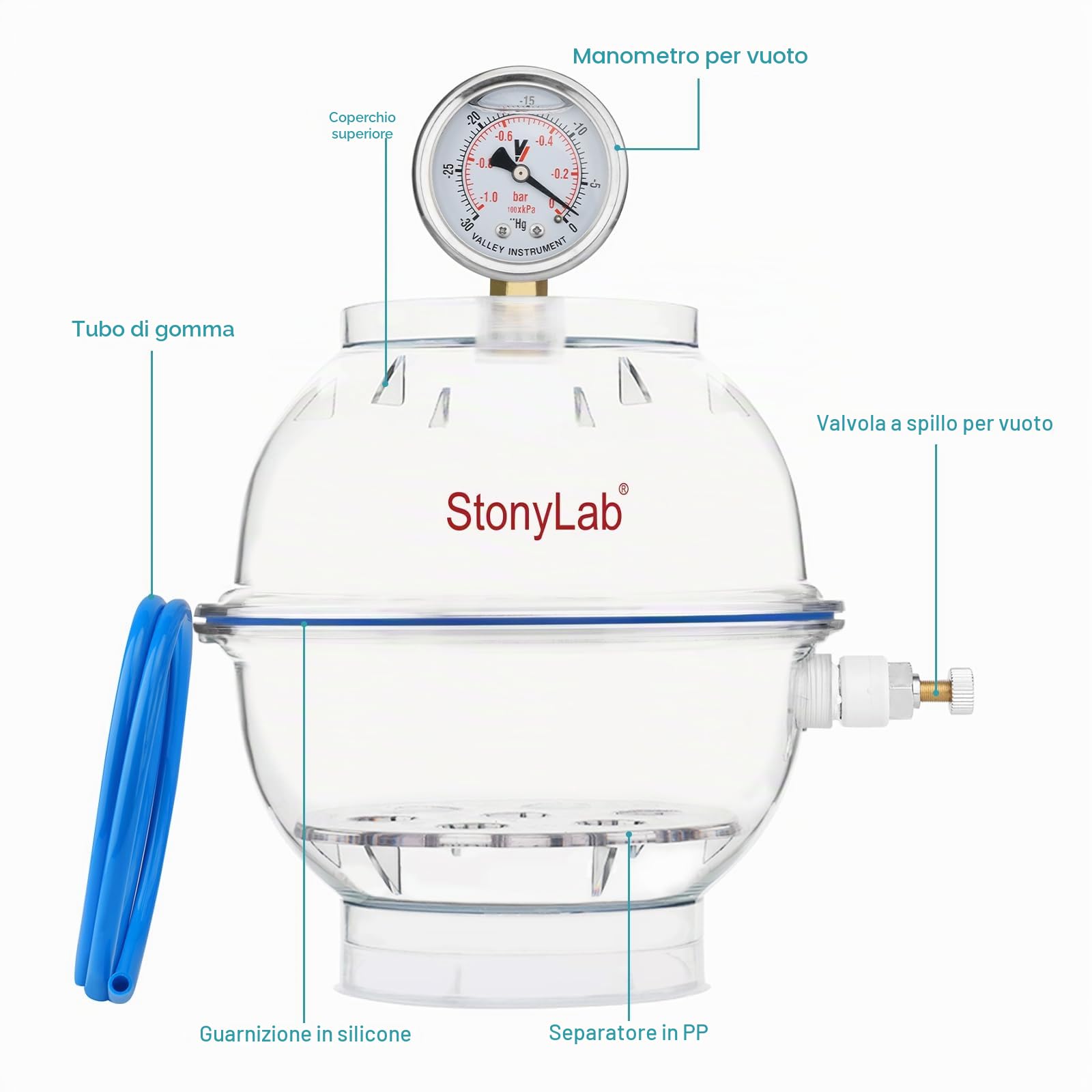 stonylab Essiccatore Sottovuoto in PC, Materiale Rinforzato, Guarnizione in Silicone Affidabile, Sistema a Valvola Singola, Manometro Incluso, Diametro 150 mm, Ideale per Laboratorio