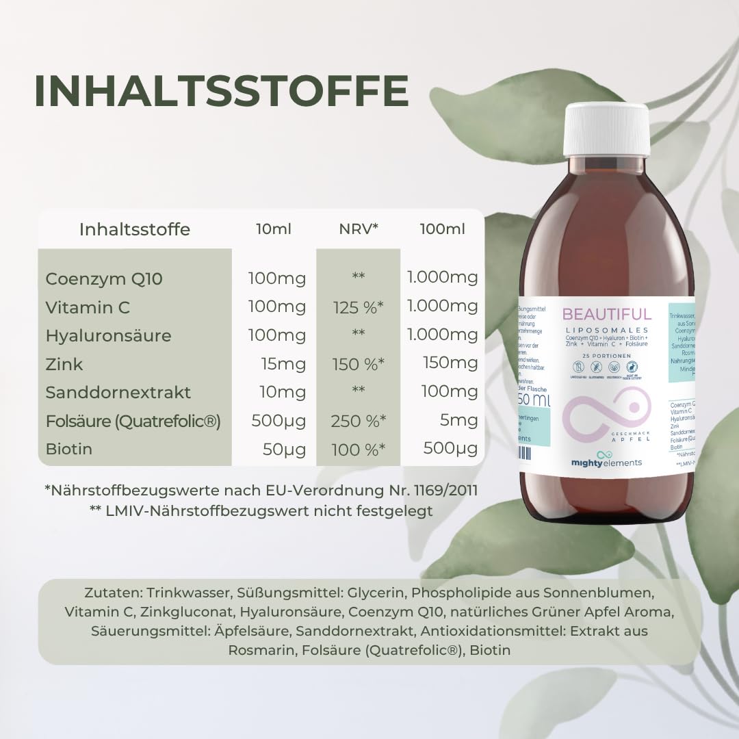Mighty Elements Liposomales Beautiful 6in1, Vitamin C 100mg, Apfel, 250ml | Zink 15mg, Hyaluron 100mg, CoQ10 100mg, Biotin, Folat, 25 Portionen, vegan, hochdosiert