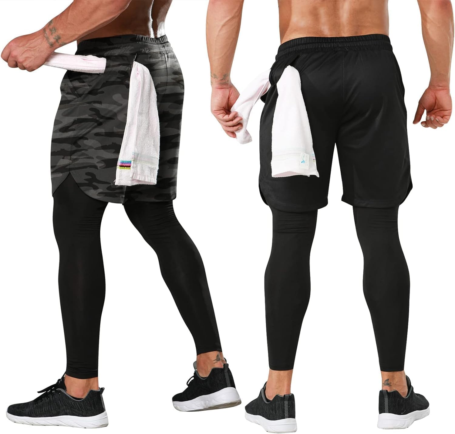ATTBEA Mens 2 in 1 Athletic Running Pants Quick Dry Gym Workout Shorts for Men Compression Pants with Pockets Black/Camouflage