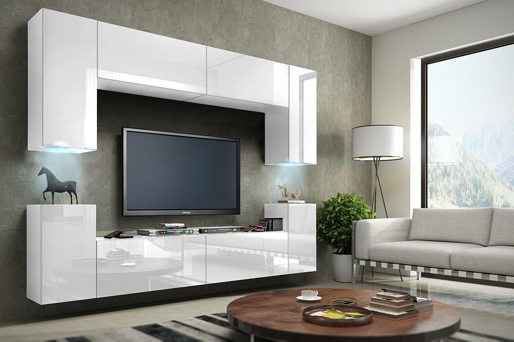 FUTURE 1 Wall Console Unit, Premium Entertainment Package, High Gloss / Mat, TV Stand, Modern Display Units, Brand New Suite, Many Colours (RGB LED Lighting Available) (White MAT base / White HG front, White LED)