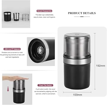 Electric Spice Grinder, Compact Electric Coffee Grinder with Stainless Steel Blades, 360° Stereo Grinding, 200W Portable Spice Blender with Detachable Cups, for Coffee Bean, Spices, Nuts, Grains
