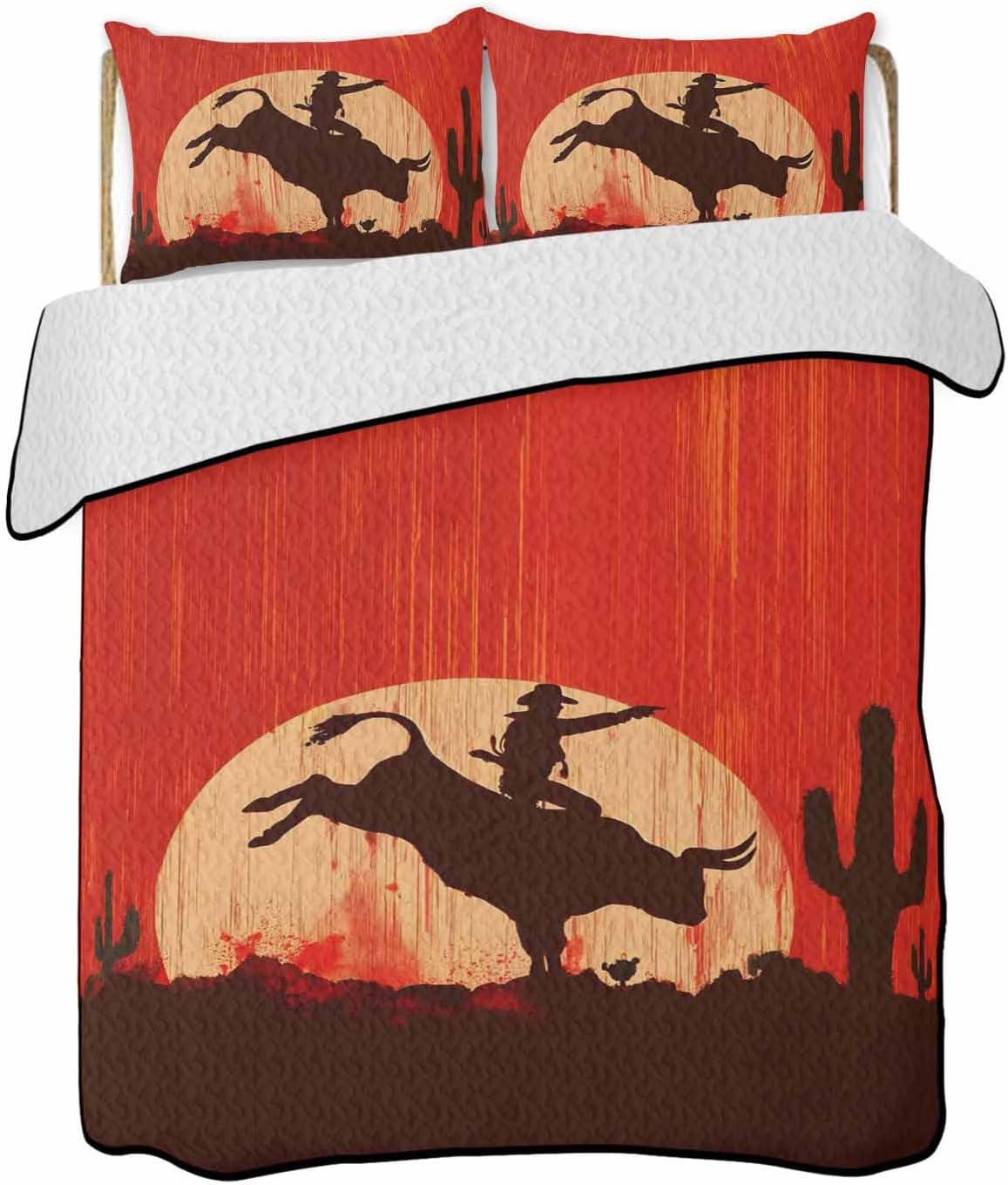 Twin XL Quilt Bedding Set, Western Cow Boy Lightweight Summer Quilt 3 Pieces Bedding Sets, Vintage Country Desert Cactus Reversible Soft Bedspreads Coverlets with 2 Pillow Shams for All Season