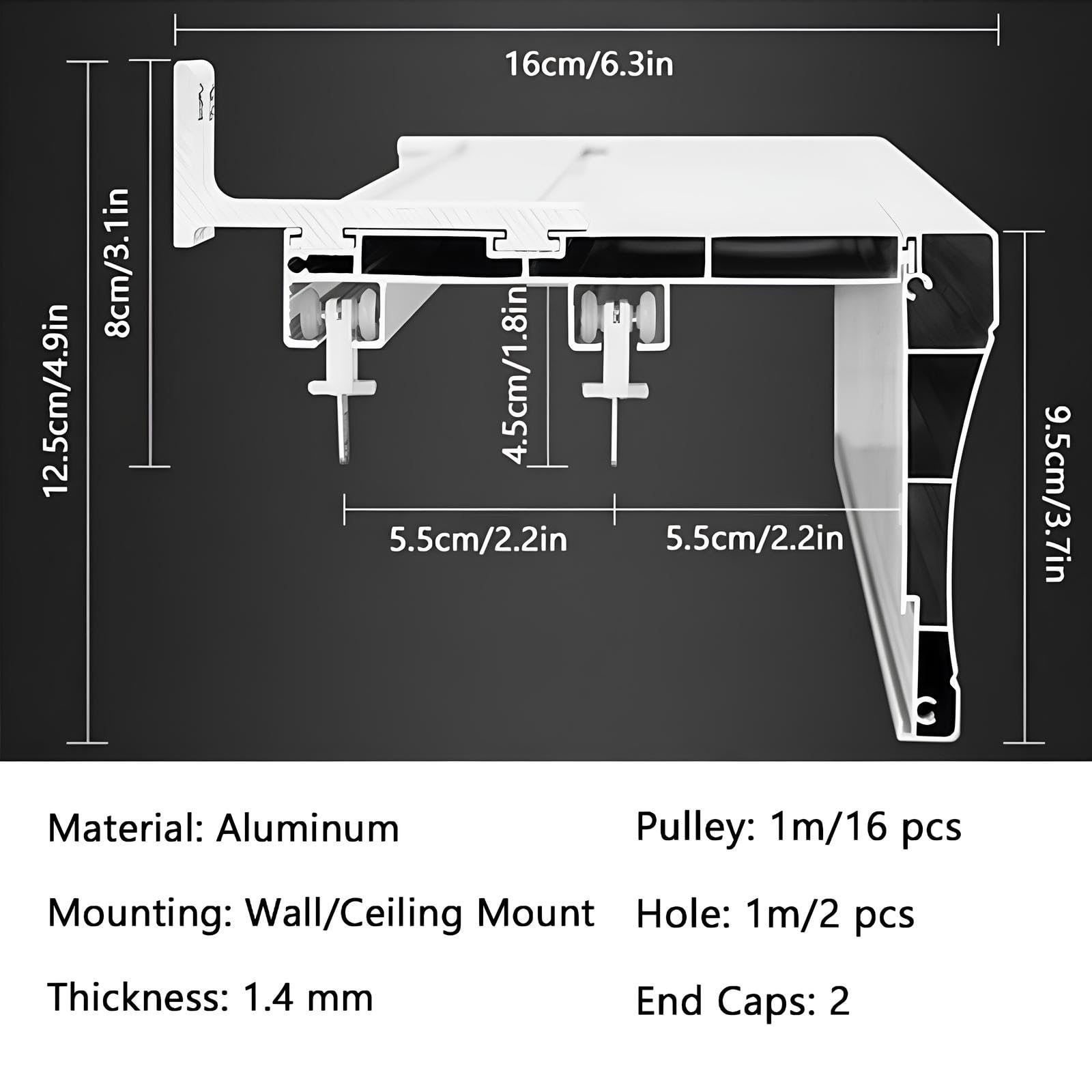 Sistema 3in1 Montaggio a soffitto o parete Doppio alluminio ain per divisorio balcone camera da letto 4,5 m (3 x 1,5 m) Bianco h.