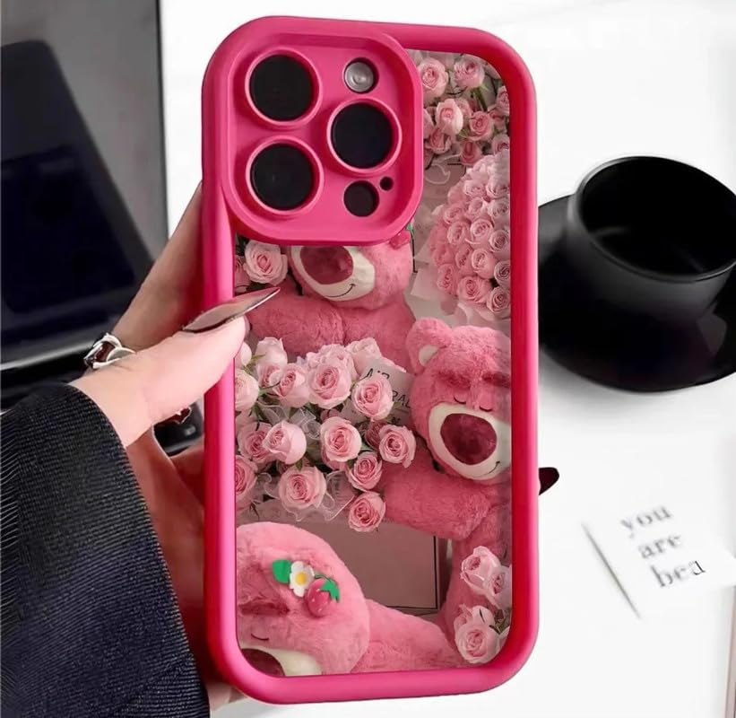 Image of COVERLY Rose Strawberry Teddy Back Case Cover for iPhone 12 Pro | Hot Hibiscus Flourish Cute Design | Camera Protection | Soft TPU Silicone Fashion Aesthetic Cover for Girls & Women (Pink, Shockproof)