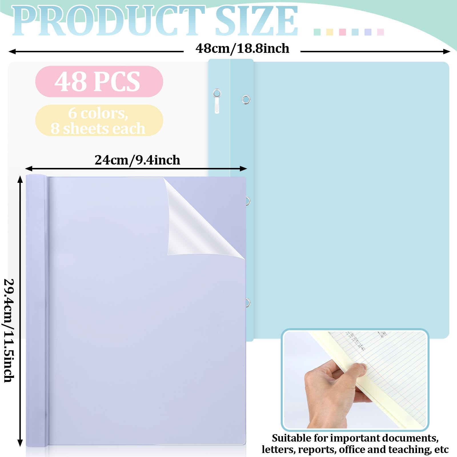 48 fundas de plástico pastel para informes con 3 puntas, carpetas de presentación frontal transparente, carpetas de 3 puntas para currículum, portafolio, documentos, informes, cartas, propuestas
