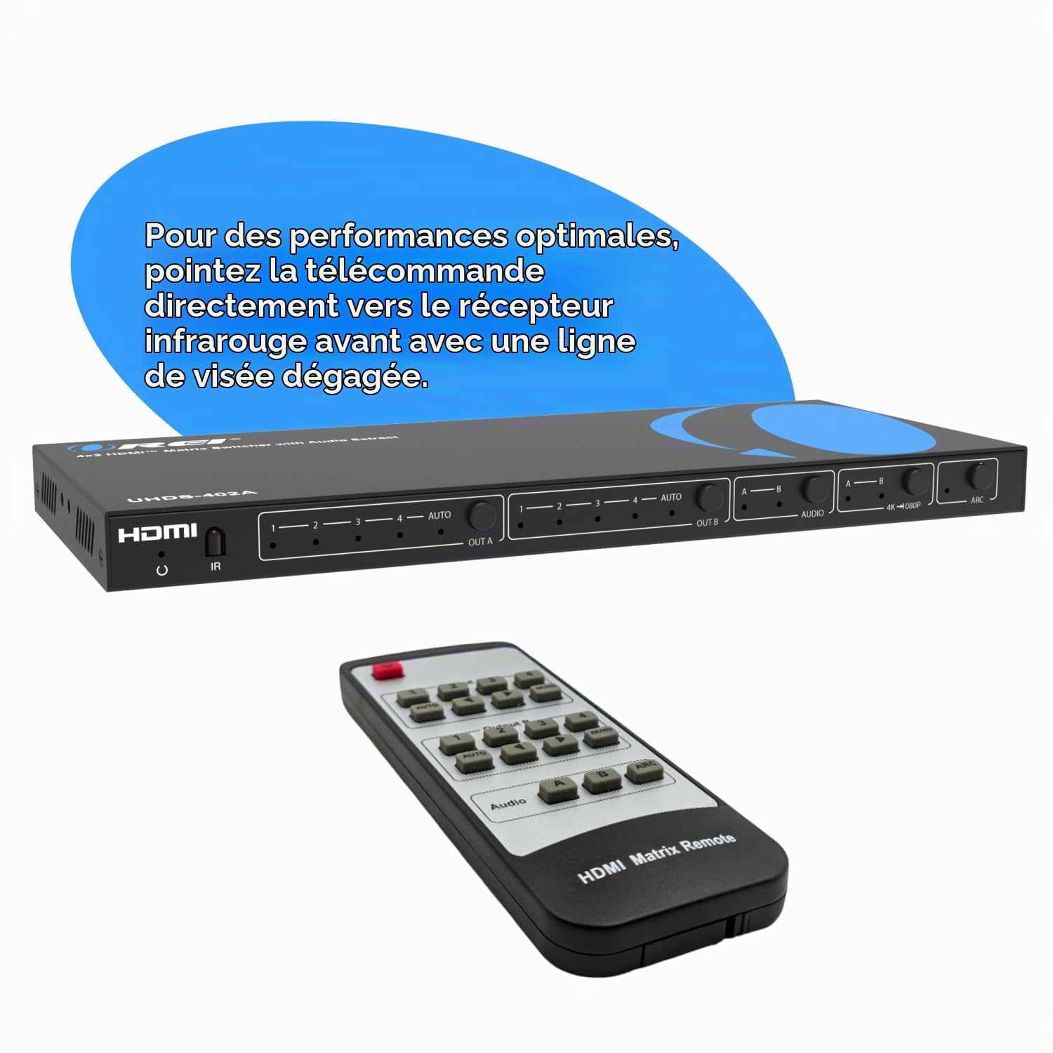 OREI Commutateur matriciel HDMI 4 x 2, commutateur 18 G UltraHD avec Arc Prend en Charge jusqu'à 4K @ 60 Hz et 1080p IR Audio Extracteur Arc EDID HDCP 2. Télécommande – Sélection de Matrice complète