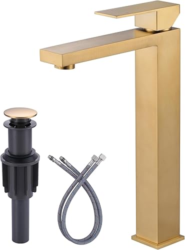 ARCORA Grifo de lavabo de recipiente dorado cepillado, grifo de baño alto de una sola manija, grifo mezclador de tocador de un solo orificio con