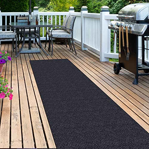 Scrape Rib Solid Design Non-Slip Rubberback 3X14 Indoor/Outdoor Waterproof Runner Rug For Hallway, Kitchen, Living Room, Garage, Patio, 2'7'' X 14', Black #TOP3