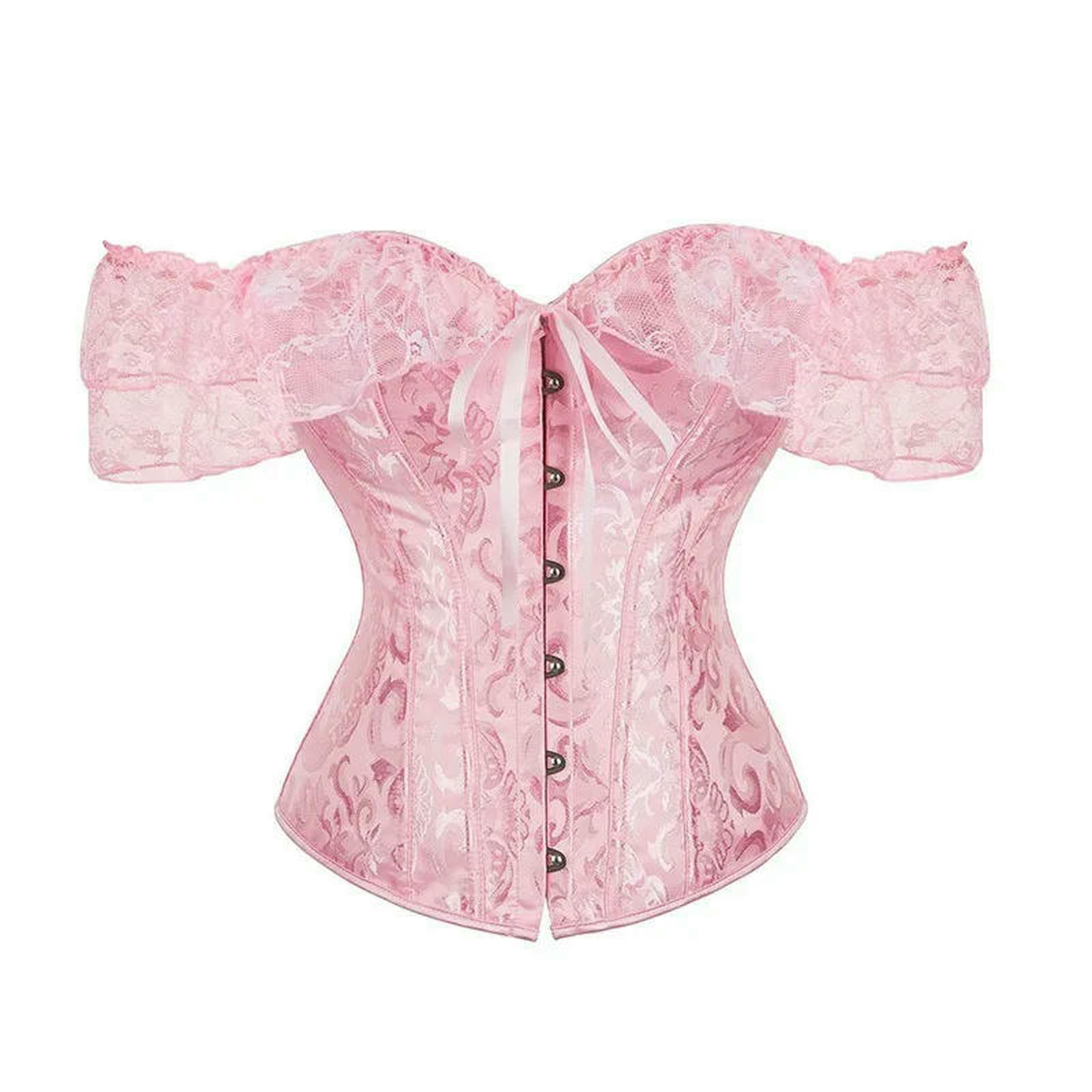 Ceinture amincissante Femme Corsetto da Donna A Maniche Corte Allacciato con Scollo Barca Top Corto Aderente Bustier Bianco Nero Rosa Femminile-Rosa-m